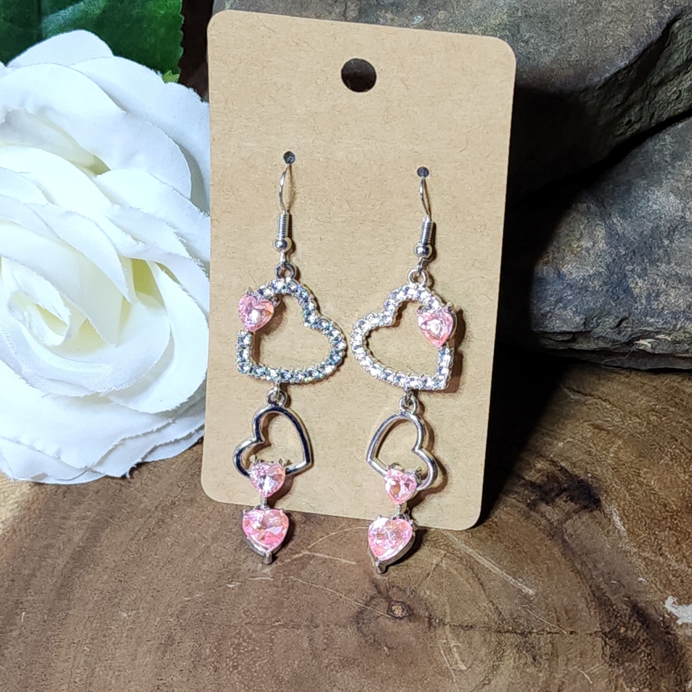 Silver-Tone Pink Crystal Heart Drop Earrings - Women Jewelry